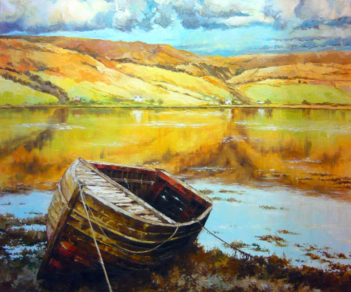 Peinture intitulée "old boat" par Sergey Kudryavtsev, Œuvre d'art originale, Huile