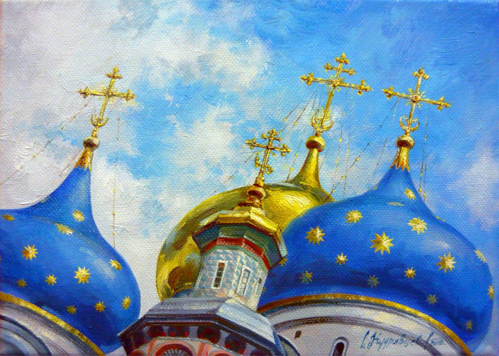 Painting titled "Domes of the monast…" by Sergey Kudryavtsev, Original Artwork, Oil