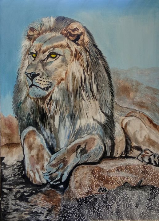 Картина под названием "Король Лев" - Daniyar Mamatov, Подлинное произведение искусства, Масло Установлен на Деревянная рама…