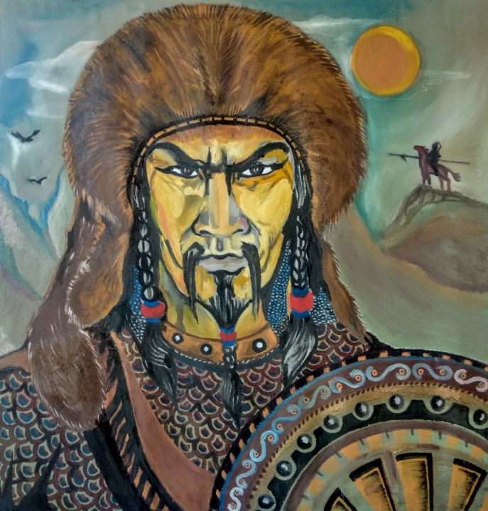 Painting titled "Jebe" by Daniyar Mamatov, Original Artwork, Oil Mounted on Wood Panel