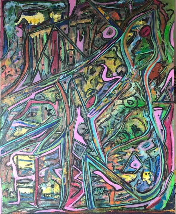 Painting titled "Composición y Despi…" by Art Llorente Ruano, Original Artwork, Acrylic Mounted on Wood Panel