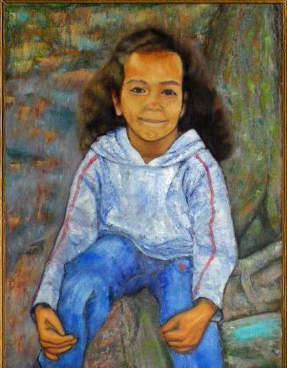 Painting titled "Petite fille en jean" by Madi, Original Artwork, Oil