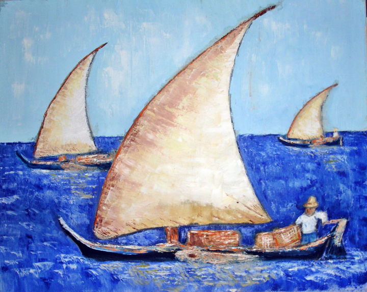 Malerei mit dem Titel "partie de pêche" von Madi, Original-Kunstwerk, Öl