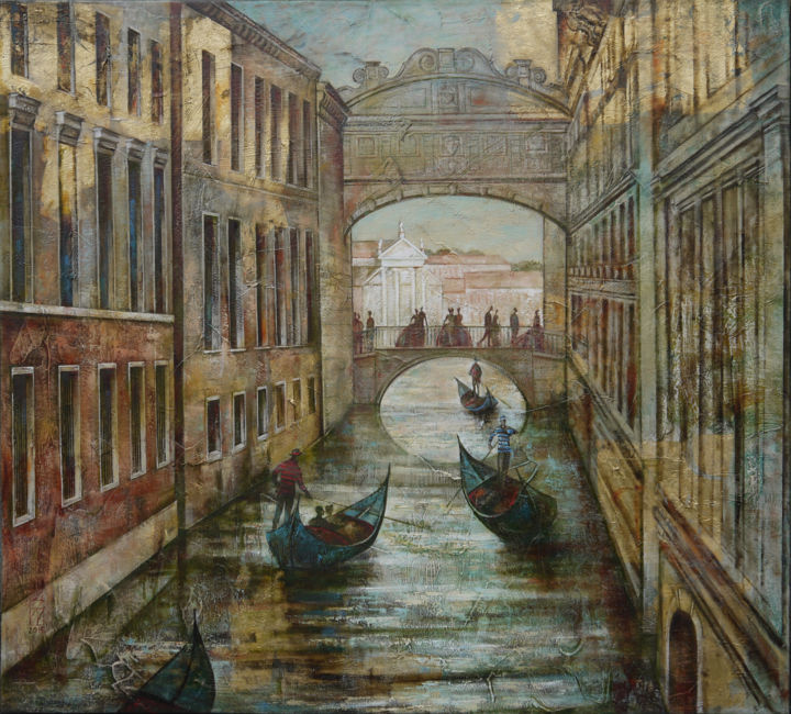 Картина под названием "Lovers on the bridge" - Maria Aristova, Подлинное произведение искусства, Масло Установлен на Деревян…