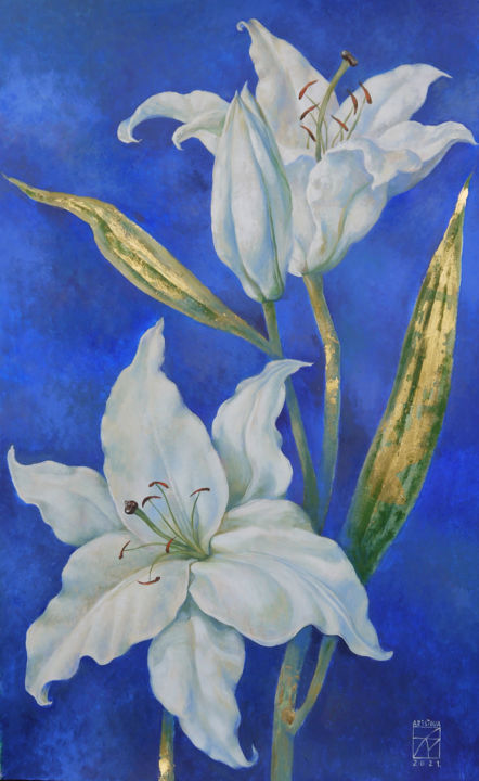 Pintura titulada "The white lily." por Maria Aristova, Obra de arte original, Acrílico
