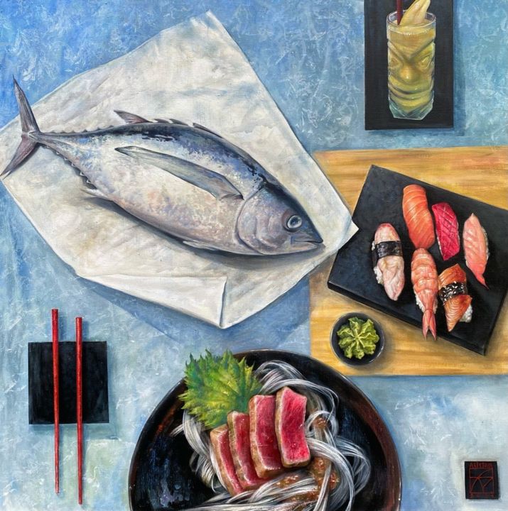 Painting titled "#Sushitime" by Maria Aristova, Original Artwork, Acrylic Mounted on Wood Stretcher frame