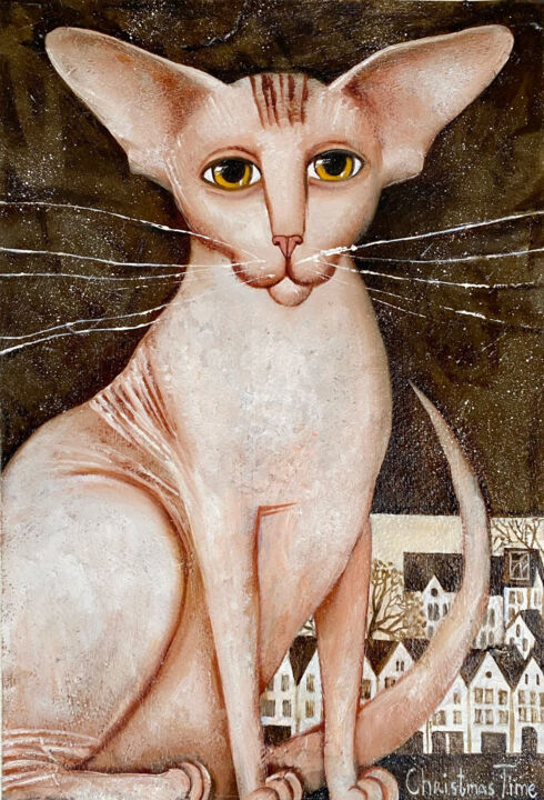 Pintura titulada "Winter cat" por Maria Aristova, Obra de arte original, Oleo