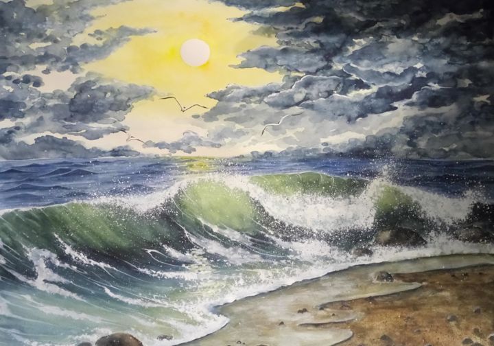 Painting titled "Вечер на море" by Natalia Sokolova, Original Artwork, Watercolor