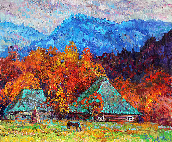 Картина под названием "Autumn in Carpathia…" - Pavlo Hotsyk, Подлинное произведение искусства, Масло