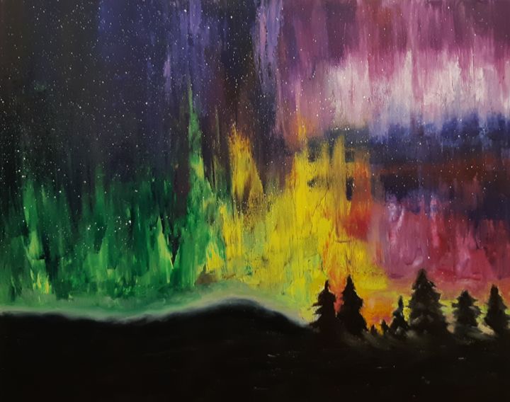 Painting titled "Northern lights" by Helen Kushcheva, Original Artwork, Oil