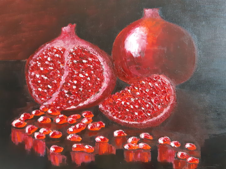 Painting titled "Pomegranates" by Helen Kushcheva, Original Artwork, Oil