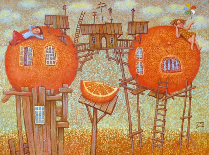 Painting titled "Orange city" by Aleksandr Silimov, Original Artwork, Oil