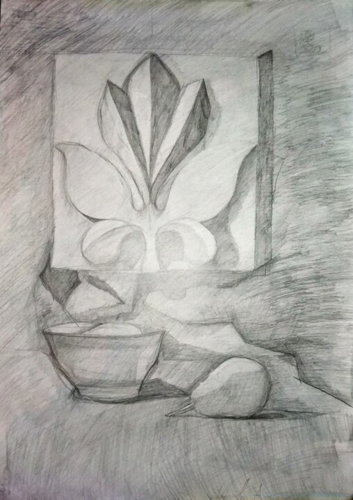 Drawing titled "Still life with a p…" by Art-Teodora, Original Artwork, Pencil