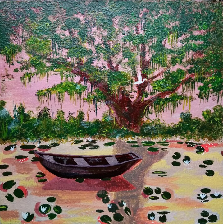Картина под названием "Одинокая лодка" - Art-Teodora, Подлинное произведение искусства, Акрил
