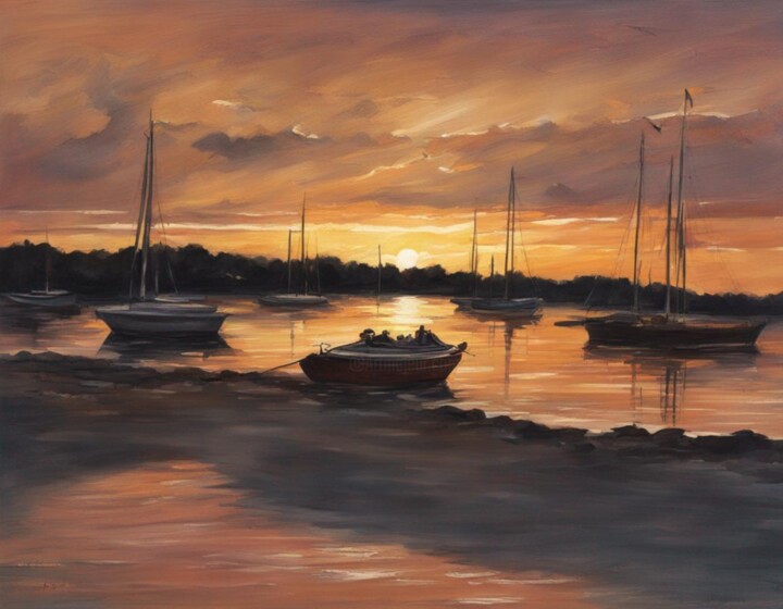 "Boat At Sunset 3" başlıklı Dijital Sanat Art-Teodora tarafından, Orijinal sanat, AI tarafından oluşturulan görüntü