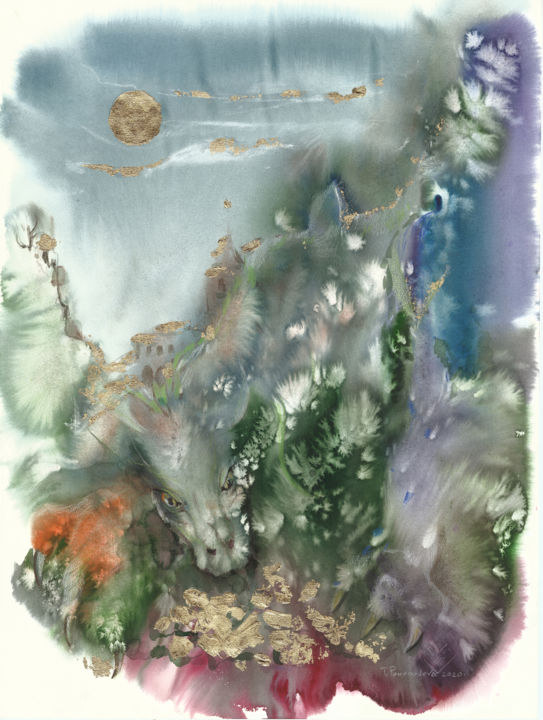 Painting titled "Dragon - Mountain" by Tatiana Ponomareva, Original Artwork, Watercolor Mounted on Cardboard