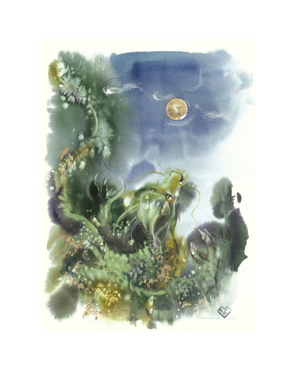 Картина под названием "ДРАКОН  ловит луну" - Tatiana Ponomareva, Подлинное произведение искусства, Акварель