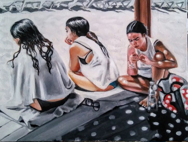 Painting titled "Beach girls" by Art Yfat, Original Artwork, Oil