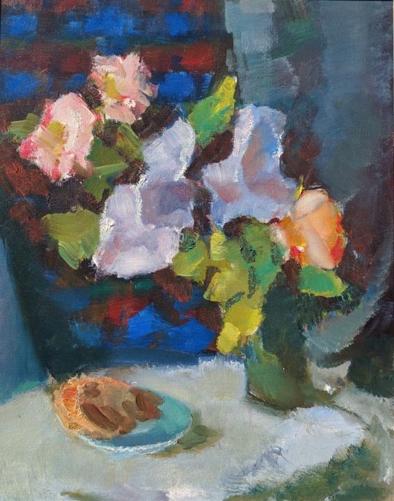 Painting titled "Buquet of irises an…" by Irina Žagata, Original Artwork, Oil