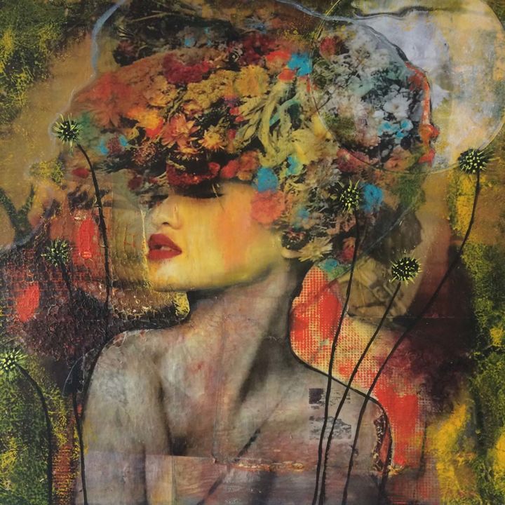 Collagen mit dem Titel "HESTIA" von Patricia Frida, Original-Kunstwerk, Acryl