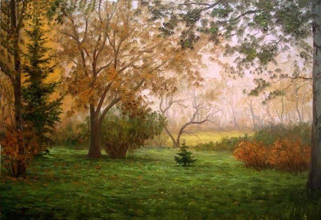 Painting titled "Осеннее утро. Autu…" by Игорь Михайлов, Original Art, Oil