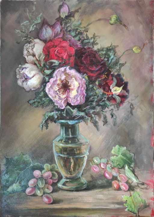 Картина под названием "Розы" - Аграфена Гандзюк, Подлинное произведение искусства, Масло Установлен на Деревянная рама для н…