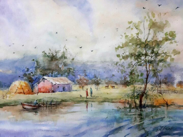 Pittura intitolato "Lake house" da Artak Zakaryan, Opera d'arte originale, Acquarello