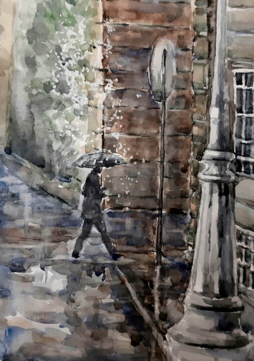 Pintura intitulada "A passerby in the n…" por Artak Zakaryan, Obras de arte originais, Aquarela