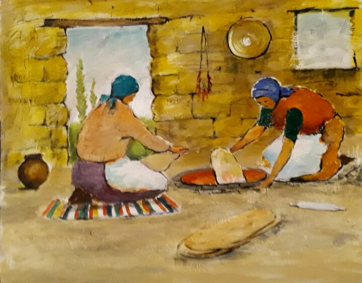 Pintura intitulada "Baking bread lavash" por Artak Zakaryan, Obras de arte originais, Óleo