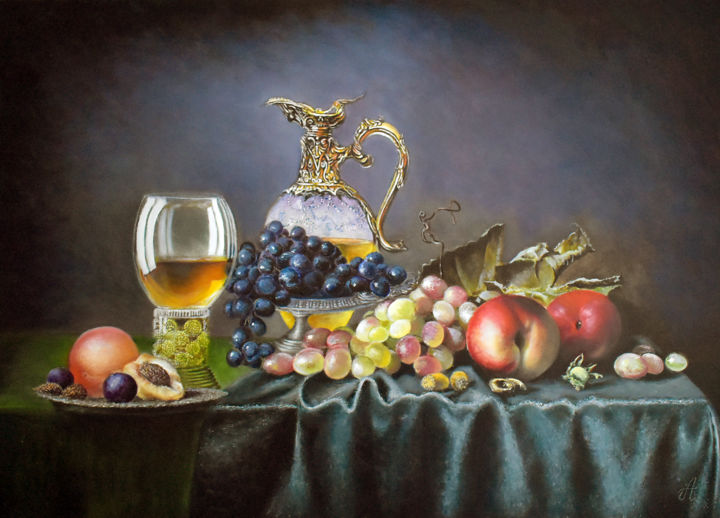 Painting titled "2 яблока,виноград и…" by Alex Bond, Original Artwork, Oil