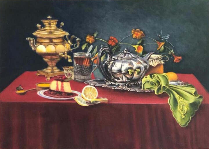 Painting titled "Samovar , tea with…" by Alex Bond, Original Artwork, Oil Mounted on Wood Stretcher frame
