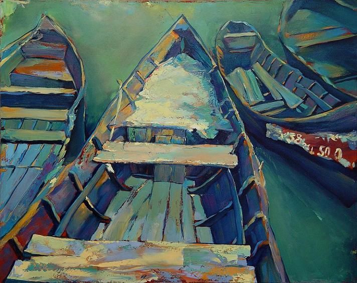 Painting titled "boats II vilcova" by Vilkovo Boats, Original Artwork, Oil