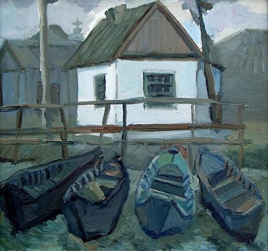 Painting titled "boats IX vilkova" by Vilkovo Boats, Original Artwork, Oil