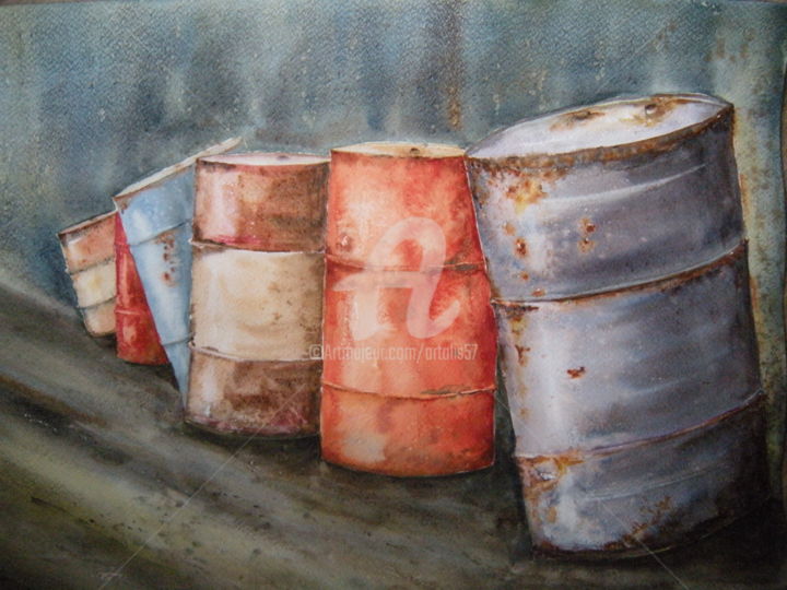 Peinture intitulée "en-rang-les-tonneau…" par Chantal Fischer, Œuvre d'art originale