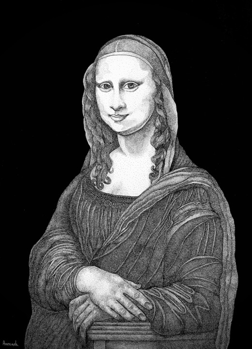 Dessin intitulée "Mona Lisa. Homage t…" par Anerosh, Œuvre d'art originale, Encre