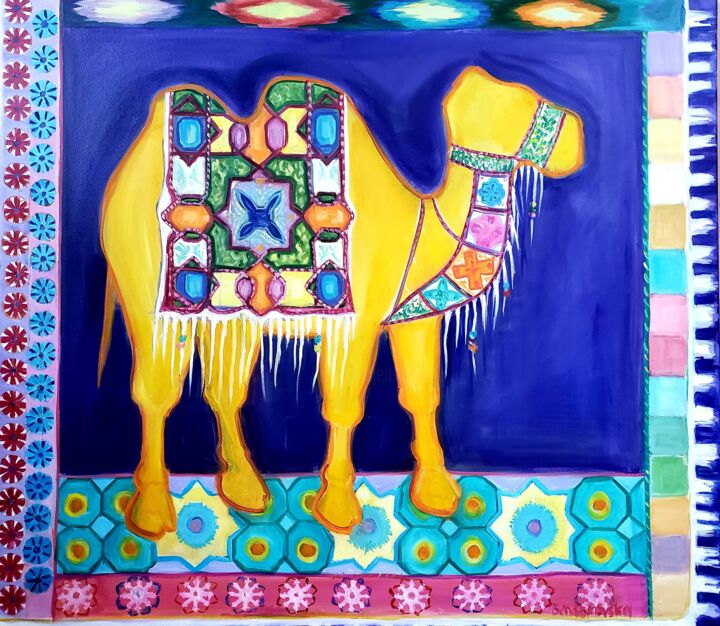 Painting titled "The Camel" by Iryna Benderovska, Original Artwork, Oil Mounted on Wood Stretcher frame
