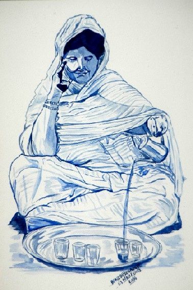 Drawing titled "le thé à la marocai…" by El Mahfoud Beneddiouane, Original Artwork