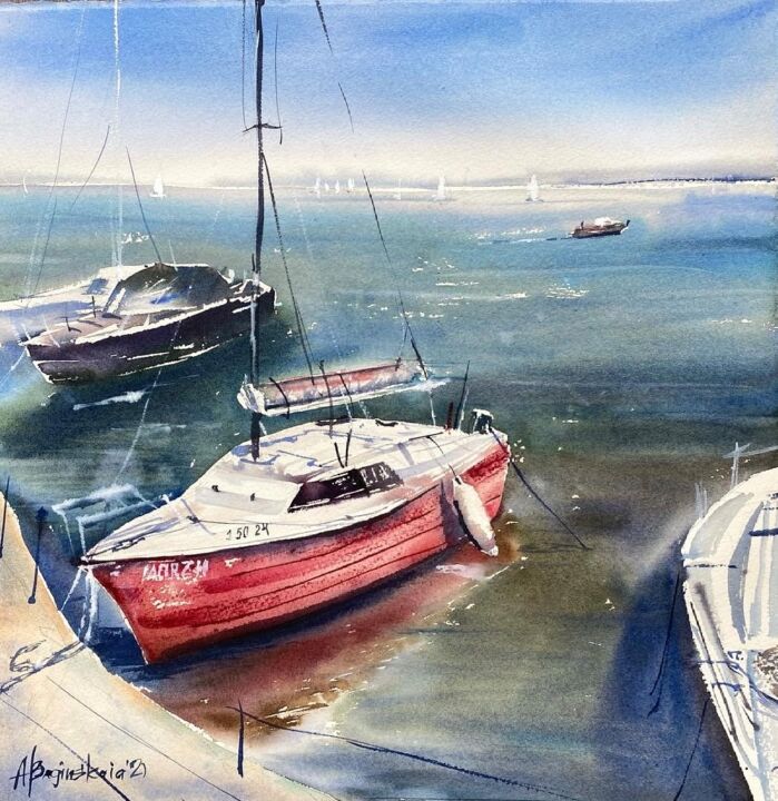 Painting titled "Red boat" by Anna Boginskaia, Original Artwork, Watercolor