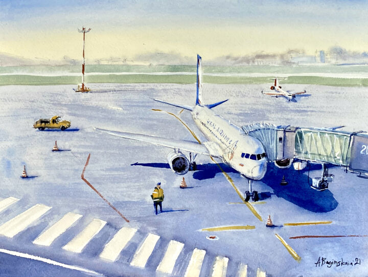 Peinture intitulée "Airplane" par Anna Boginskaia, Œuvre d'art originale, Aquarelle