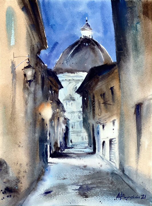 Painting titled "Morning in Florence" by Anna Boginskaia, Original Artwork, Watercolor