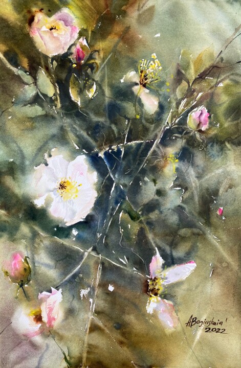 Pintura intitulada "Rosehip" por Anna Boginskaia, Obras de arte originais, Aquarela