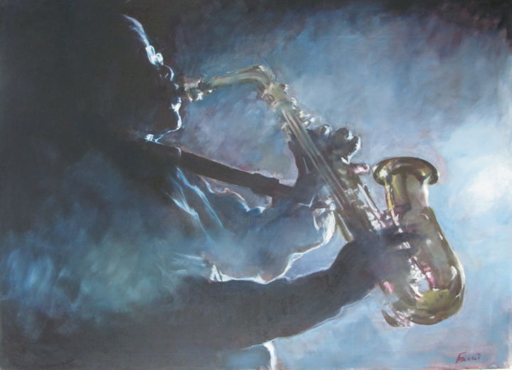 Painting titled "Saxophonist Musicia…" by Bolotbek Mambetov, Original Artwork, Oil