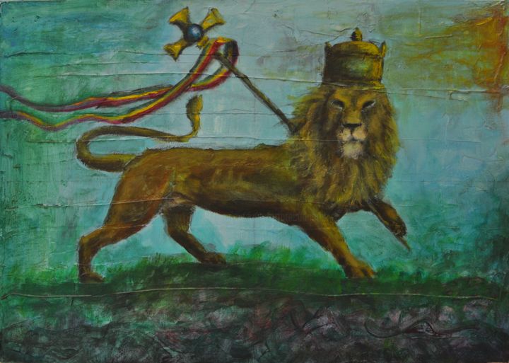 Painting titled "Le Lion de Judas" by Sebastien Devore (Art-bracadabrac), Original Artwork, Acrylic Mounted on Wood Stretche…