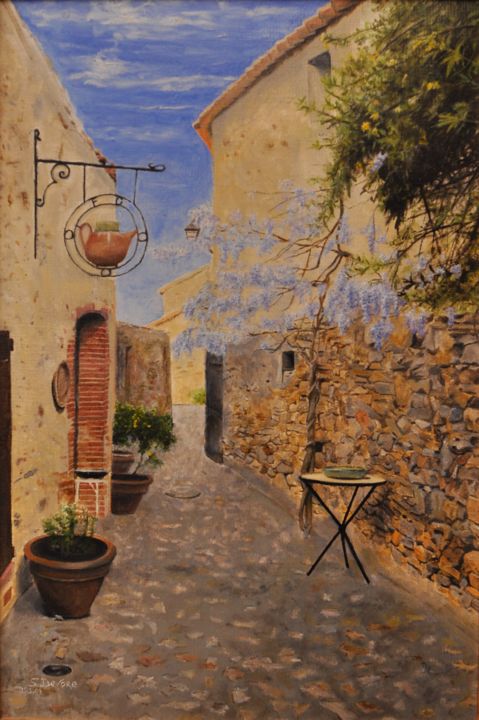 Painting titled "Ruelle de Castelnou" by Sebastien Devore (Art-bracadabrac), Original Artwork, Oil Mounted on Wood Stretcher…