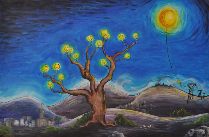 Painting titled "L arbre aux lumiere…" by Sebastien Devore (Art-bracadabrac), Original Artwork, Acrylic Mounted on Wood Stre…