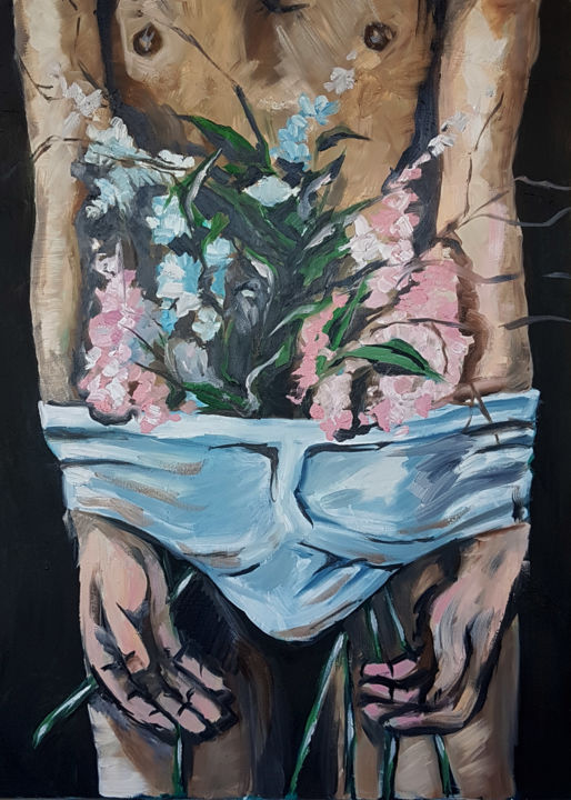 Painting titled "flowers in panties" by Olesia Zhalkovskaia, Original Artwork, Oil