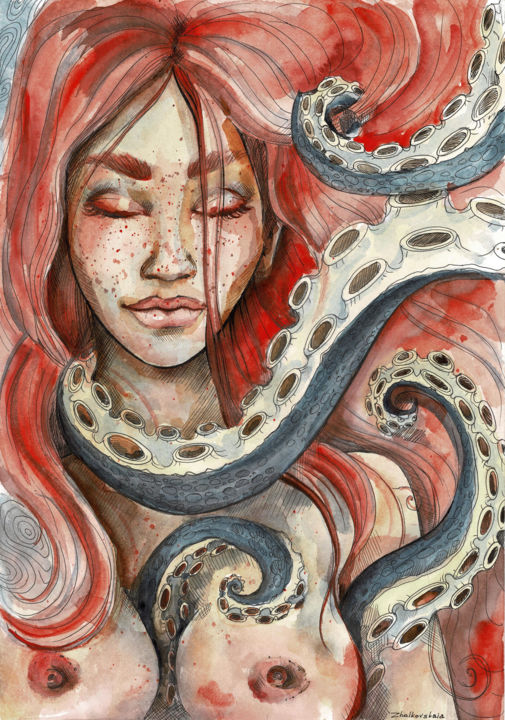 Pintura intitulada "Love tentacles" por Olesia Zhalkovskaia, Obras de arte originais, Aquarela