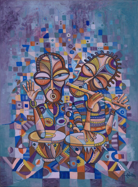 Schilderij getiteld "The Drummer and Flu…" door Angu Walters, Origineel Kunstwerk, Acryl