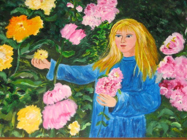 Schilderij getiteld "Girl in the Flower…" door Adele Steinberg, Origineel Kunstwerk