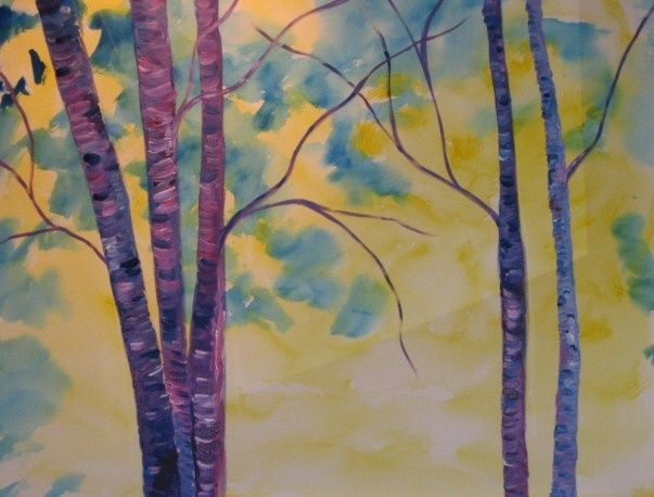 Peinture intitulée "Purple Birches" par Adele Steinberg, Œuvre d'art originale, Huile